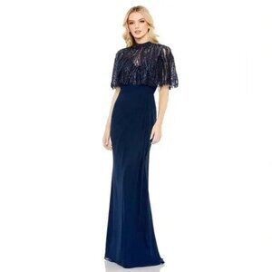 Mac Duggal Sleeveless Gown with Embellished Cape Size 10 Navy Blue 20467 NWT